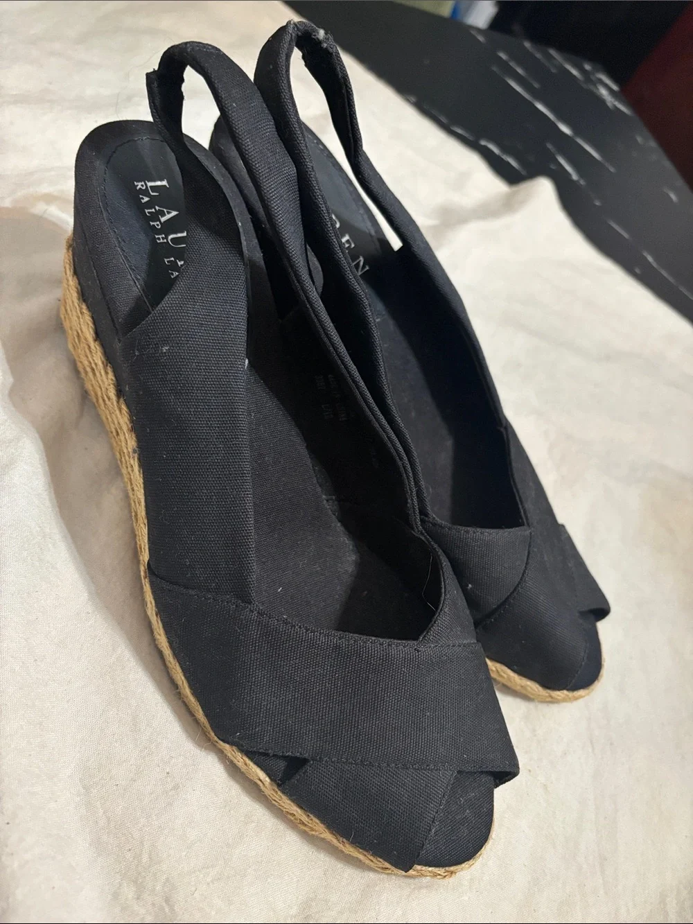 Lauren Ralph Lauren Black Canvas Peep-Toe Espadrille Wedges
